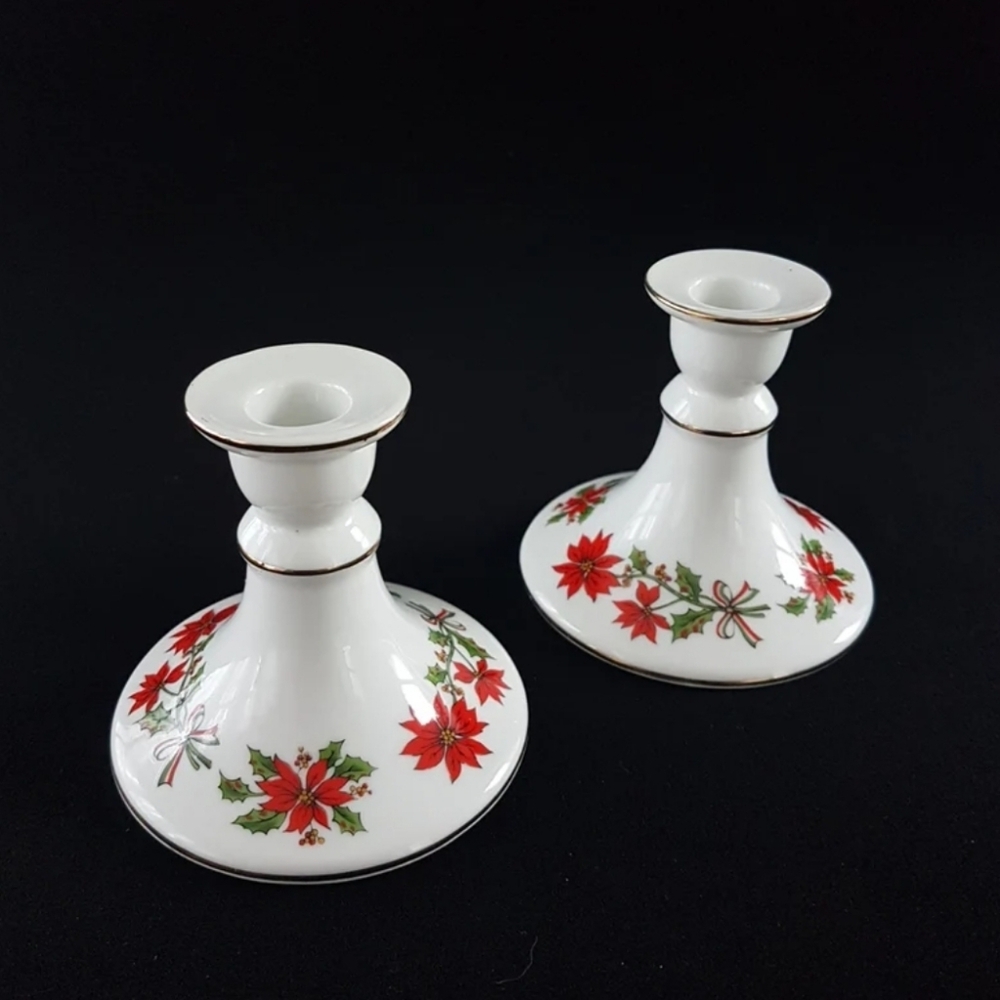 Vintage Christmas Porcelain Candle Holders: Poinsettia & Holly, Set of 2 - Japan